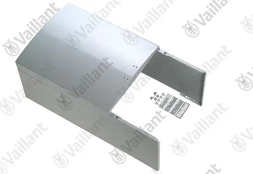 Weißer Metallmantel von Vaillant, der offen liegt, mit einer glatten Oberfläche und montierten Löchern an der Oberseite.